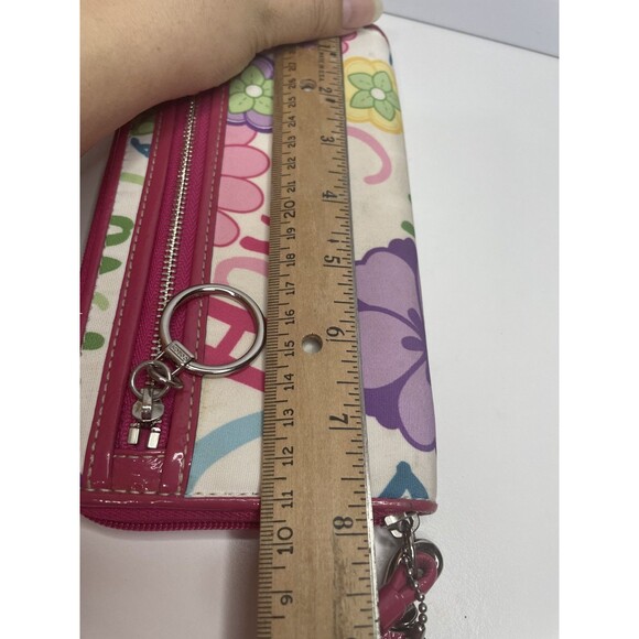 COACH Colorful Daisy Floral Graffiti Fabric Zip Wristlet Pink Leather Trim 8 x 4 - Picture 8 of 9